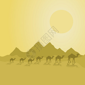 骆驼队走沙漠上矢量插图背景图片