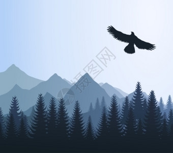 鹰2老鹰飞过树林山脉矢量插图图片