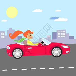 时尚女孩红色汽车驾驶矢量插图图片
