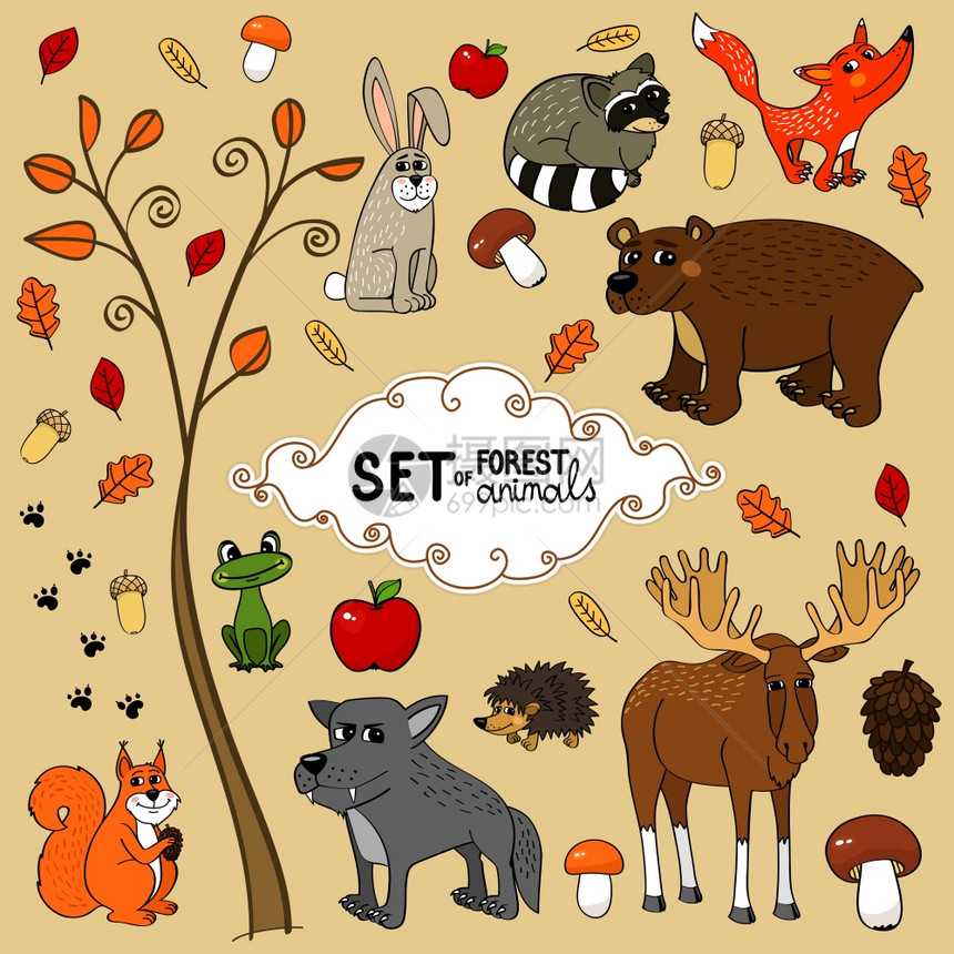 秋季北森林动物矢量插图图片