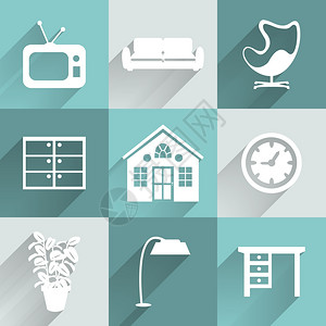 家具网页室内家具图标,白色与长阴影矢量插图插画