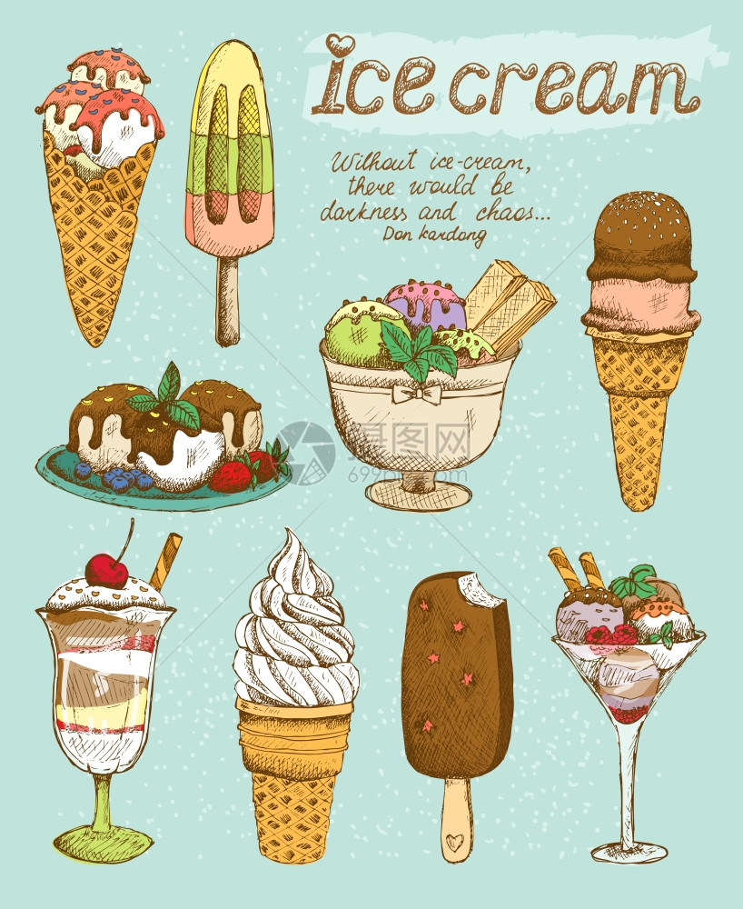 美味的甜冰淇淋集矢量插图图片