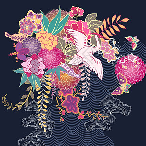 日本风格装饰服花卉矢量插图背景图片