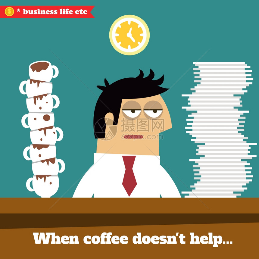 商业生活疲惫疲惫的行政人员工作后期,当咖啡帮助矢量插图图片