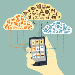 商业手持智能手机连接云服务与应用媒体社交通信矢量插图图片