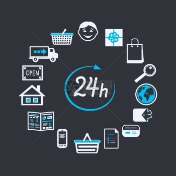 互联网网站商店24小时开放,为网上购物客户服务矢量插图图片