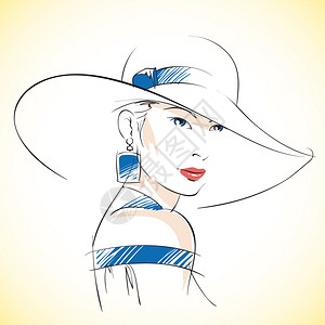 时尚素描美丽的轻女与帽子蓝眼睛矢量插图图片