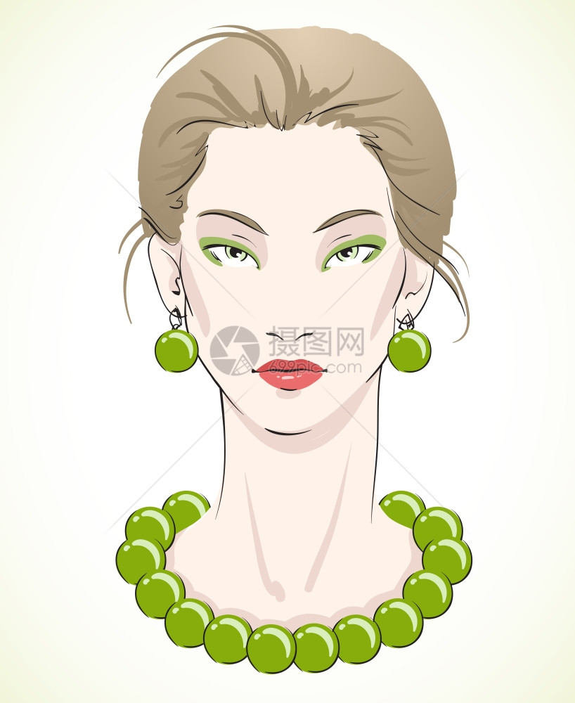 优雅的轻模特肖像与绿色珠子耳环矢量插图图片