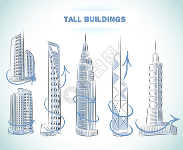 建筑图标集现代摩天大楼素描矢量插图图片