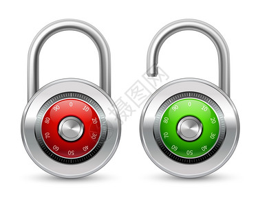 打开绿色红色现实钢安全锁图标与枷锁保护密码合孤立矢量插图图片