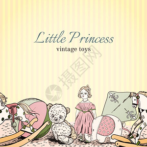 老式儿童玩具商店小公主素描传单模板与娃娃大象泰迪熊矢量插图图片