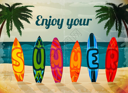暑假冲浪板海报,热带天堂岛海洋冲浪矢量插图背景图片