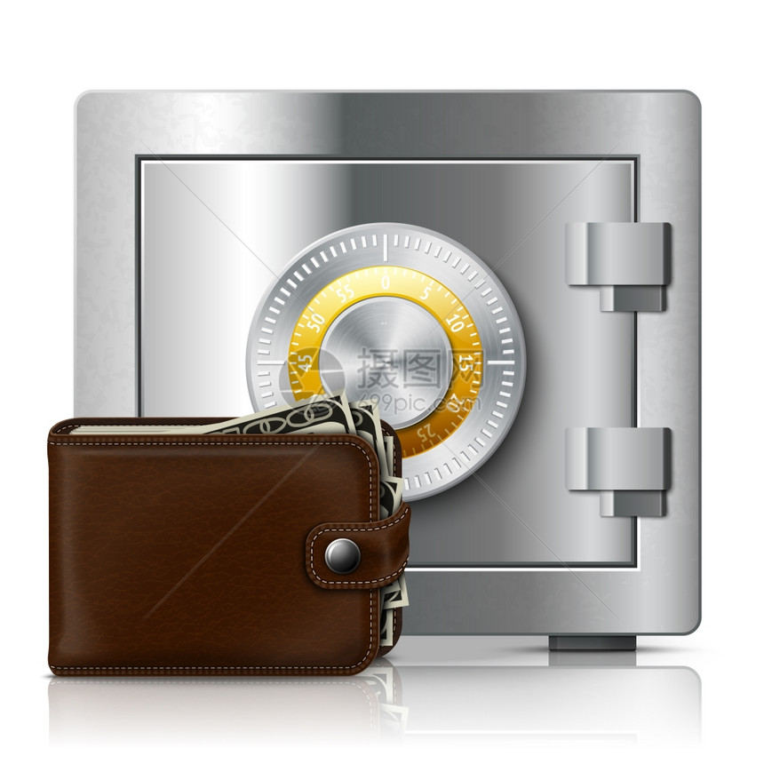 经典的现代棕色皮革钱包,装满美元钞票金属光泽的保险箱与密码锁矢量插图图片