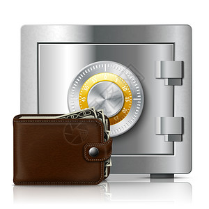 钱包钥匙经典的现代棕色皮革钱包,装满美元钞票金属光泽的保险箱与密码锁矢量插图插画