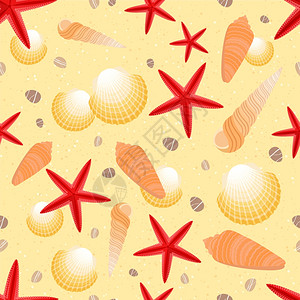 贝壳星星上的金沙夏滩无缝图案矢量插图高清图片