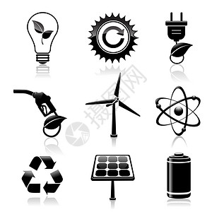 黑色能源生态图标灯泡加油站太阳能电池装饰元素孤立矢量插图图片