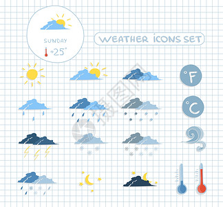天气预报图标套清晰的多云暴风雨雪天矢量插图背景图片