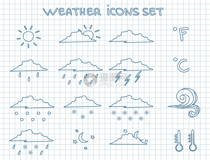 天气预报象形文字集雨风暴雪风涂鸦矢量插图图片
