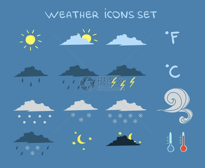 天气预报图标集云晴空闪电矢量插图图片
