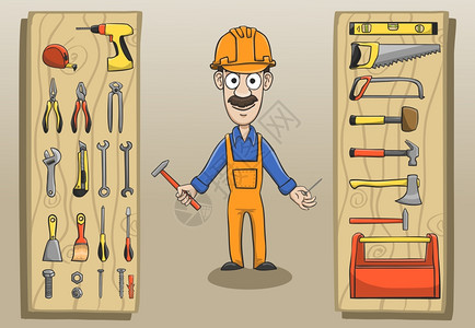 建筑工人字符包与工程工具设备矢量插图图片