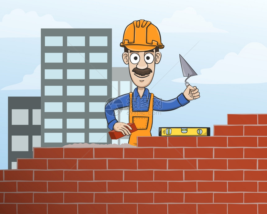 施工场景梅森工人头盔建筑红砖墙与铲子矢量插图图片