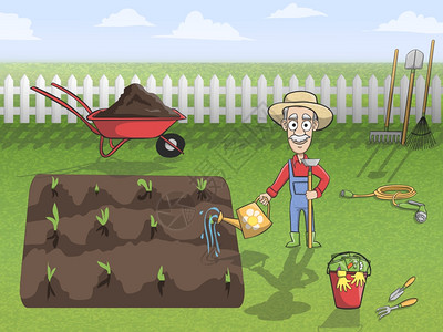 叉尾龙戈快乐园丁卡通人物帽子浇水植物土壤海报矢量插图插画