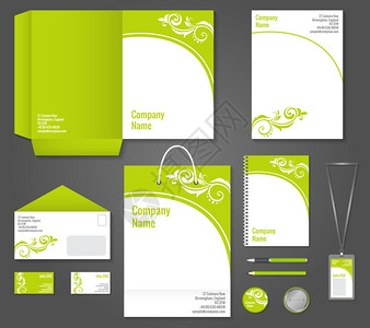 绿色企业名片绿色花卉波浪式商业文具模板,用于企业身份品牌矢量插图插画