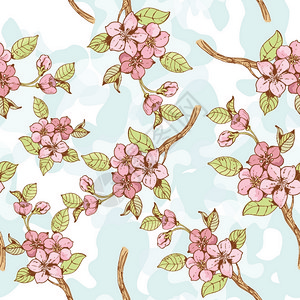 盛开的樱花树树枝无缝图案与蓝色斑点背景矢量插图图片