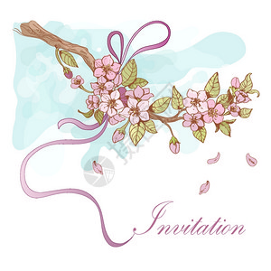 樱花樱桃邀请卡模板与粉红色花瓣丝带装饰矢量插图图片