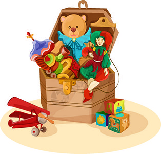 木箱胸部与复古玩具的飞机块木偶泰迪熊海报矢量插图背景图片