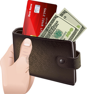 信用卡账单手持经典皮革钱包与信用卡钞票孤立矢量插图插画