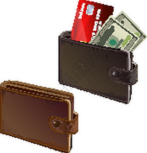 信用卡账单黑色棕色皮革钱包与信用卡钞票矢量插图插画