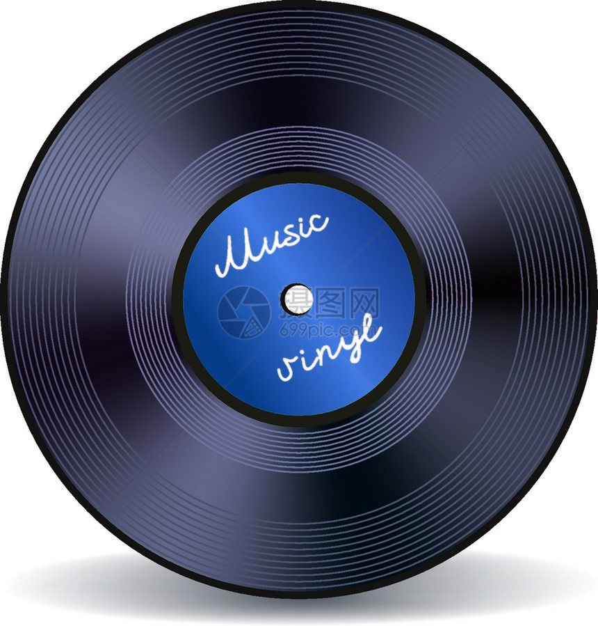 复古乙烯基音乐记录与蓝色标签章海报白色背景矢量插图图片