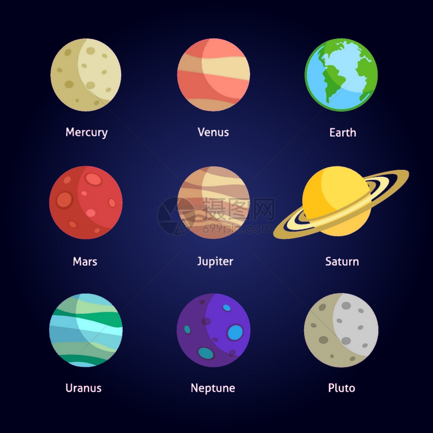 太阳系行星装饰图标黑暗背景矢量插图上图片