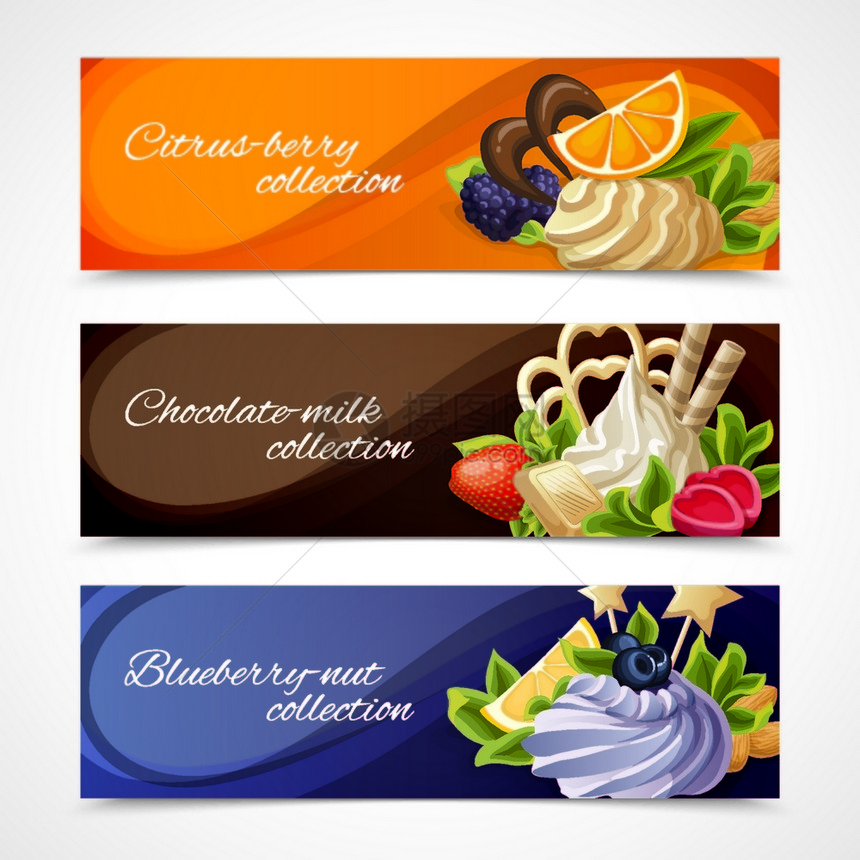 装饰甜甜点水平横幅柑橘浆果巧克力牛奶蓝莓坚果收集矢量插图图片