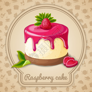 树莓蛋糕与糖浆甜点标志框架食品烹饪图标背景矢量插图图片