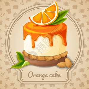 橙色蛋糕甜点与糖浆杏仁标志食品烹饪图标背景矢量插图图片