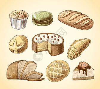 膨化糕点通心粉牛角包奶酪蛋糕小麦黑麦包涂鸦食品图标矢量插图图片