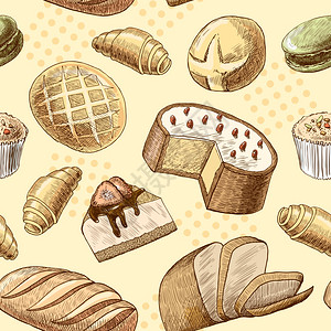 膨化糕点通心粉牛角包奶酪蛋糕小麦黑麦包无缝食品图案矢量插图图片