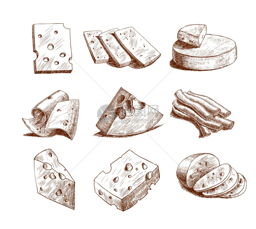 整个奶酪块切片分类涂鸦食品图标矢量插图图片