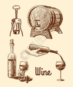 葡萄酒瓶塞葡萄酒复古素描装饰图标瓶塞桶瓶隔离矢量插图插画