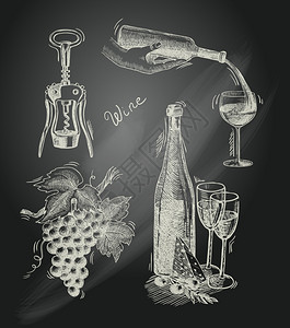 葡萄酒瓶塞葡萄酒老式黑板装饰图标瓶塞瓶葡萄枝孤立矢量插图插画