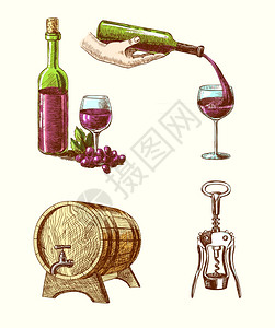 葡萄酒瓶塞葡萄酒份手绘装饰图标瓶塞桶瓶葡萄酒隔离矢量插图插画