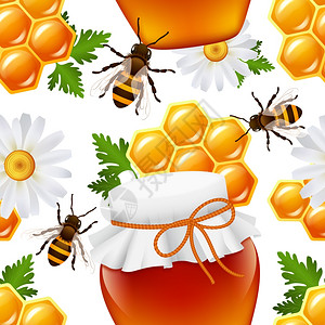 装饰蜂蜜食品罐蜂房大黄蜂雏菊蜂窝无缝图案矢量插图背景图片