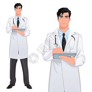 白色平板电脑医学专业英俊的轻医生助理站白色实验室外套与触摸屏平板电脑矢量插图插画