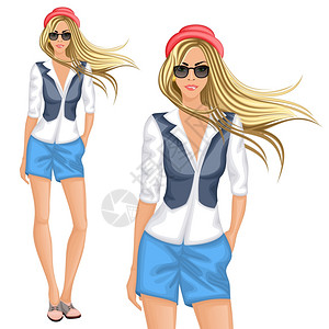 定制衬衫金发时髦的女女孩角色穿着化学短裤背心帽子太阳镜矢量插图插画