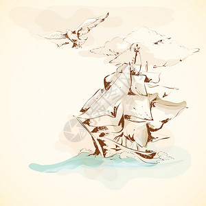 海上冒险航海古帆船装饰海报与海鸥手绘矢量插图图片