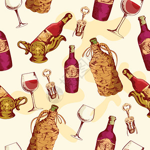 葡萄酒份无缝图案与璃瓶瓶塞螺旋矢量插图高清图片