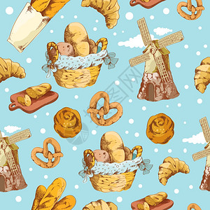包店包糕点食品手绘无缝图案矢量插图图片