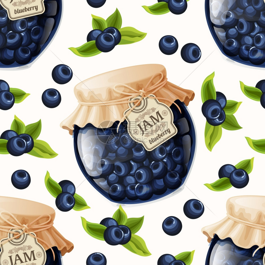 天然机蓝莓浆果果酱罐叶子无缝图案矢量插图图片